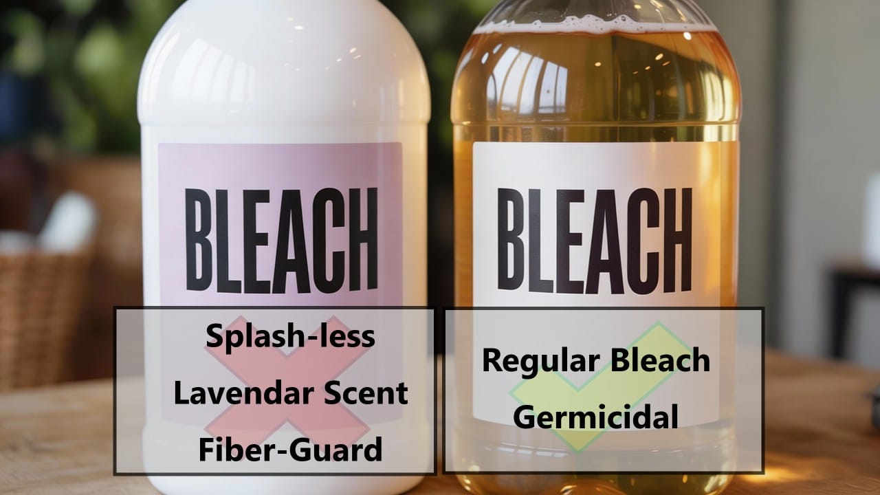 A visual guide comparing safe germicidal bleach for pools against unsafe splash-less or scented varieties that cause foaming.