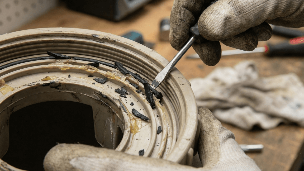 Gloved hand using a screwdriver to carefully scrape old worn spider gasket from multiport valve grooves during replacement.