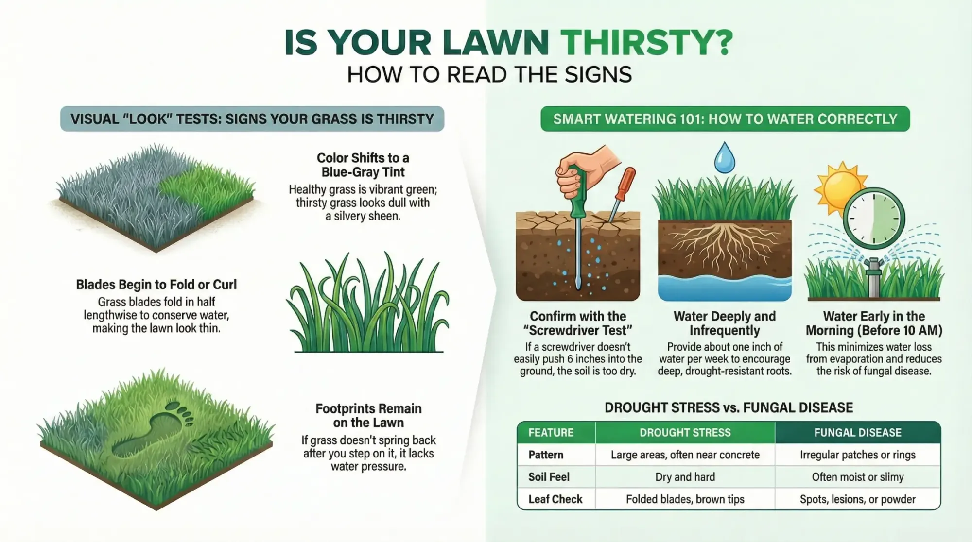 Infographic explaining visual signs of thirsty grass, drought stress versus fungal disease differences, and smart watering techniques including screwdriver test.