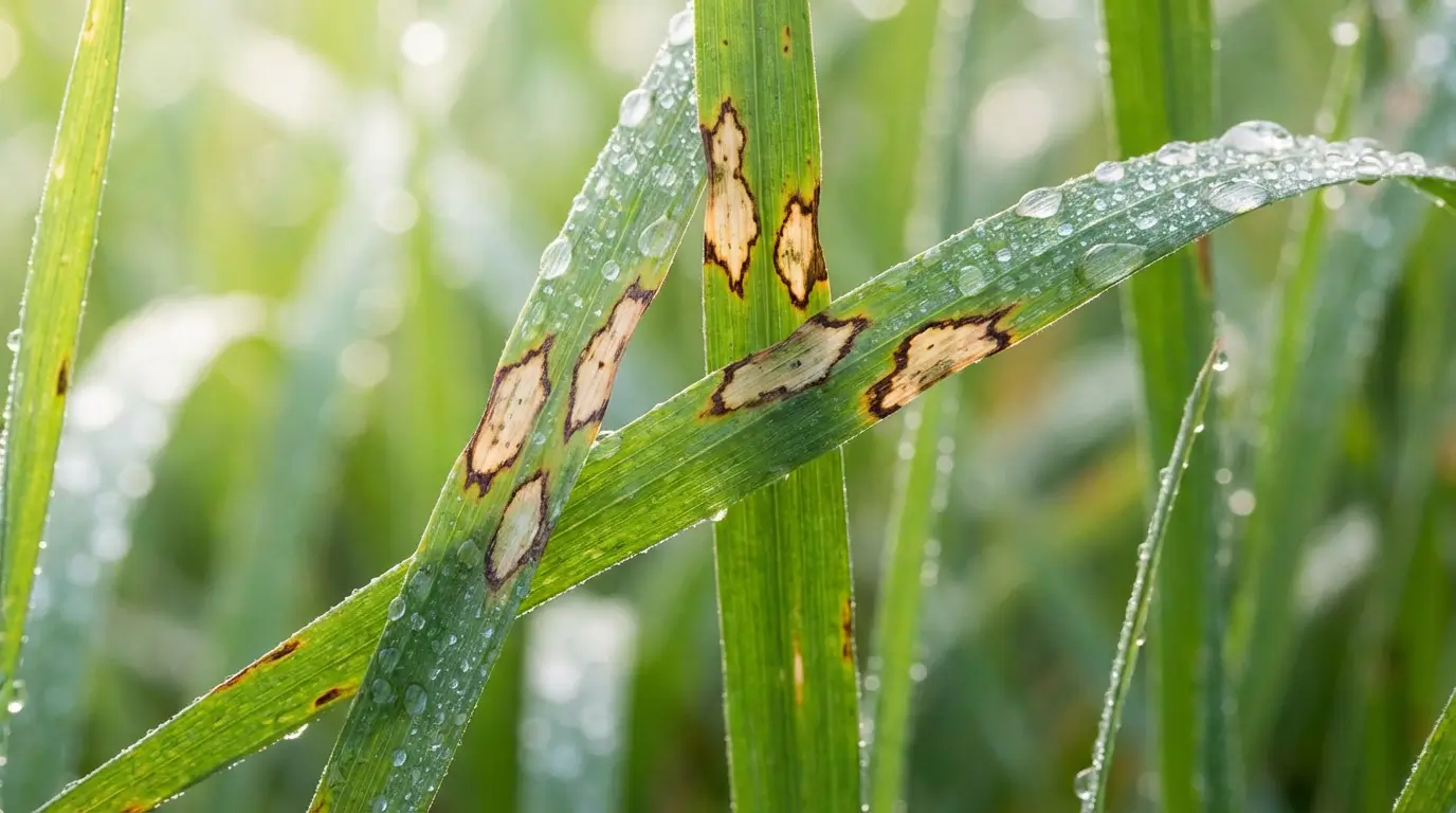Close up of grass blades showing tan lesions with dark brown borders.