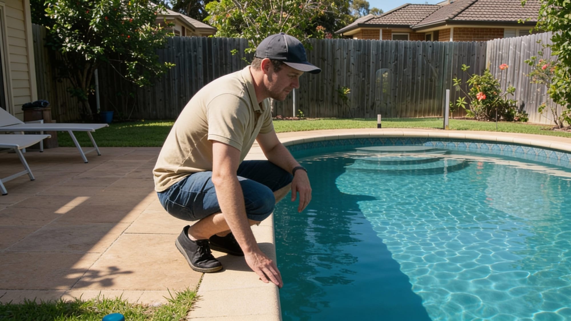 A pool owner inspecting water levels to ensure compliance with Australian council water restrictions.