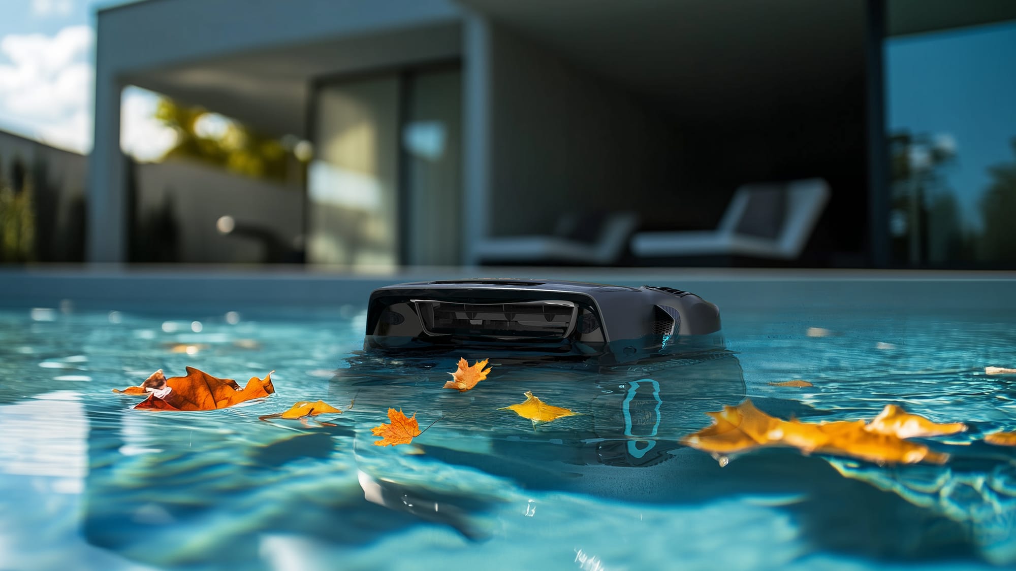 Robot vacuum skimming leaves from the pool surface to prevent high phosphate buildup.