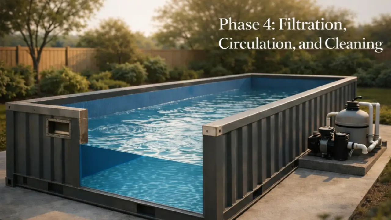 A cross-section view of a shipping container pool showing the filtration pump, plumbing, and circulation setup.