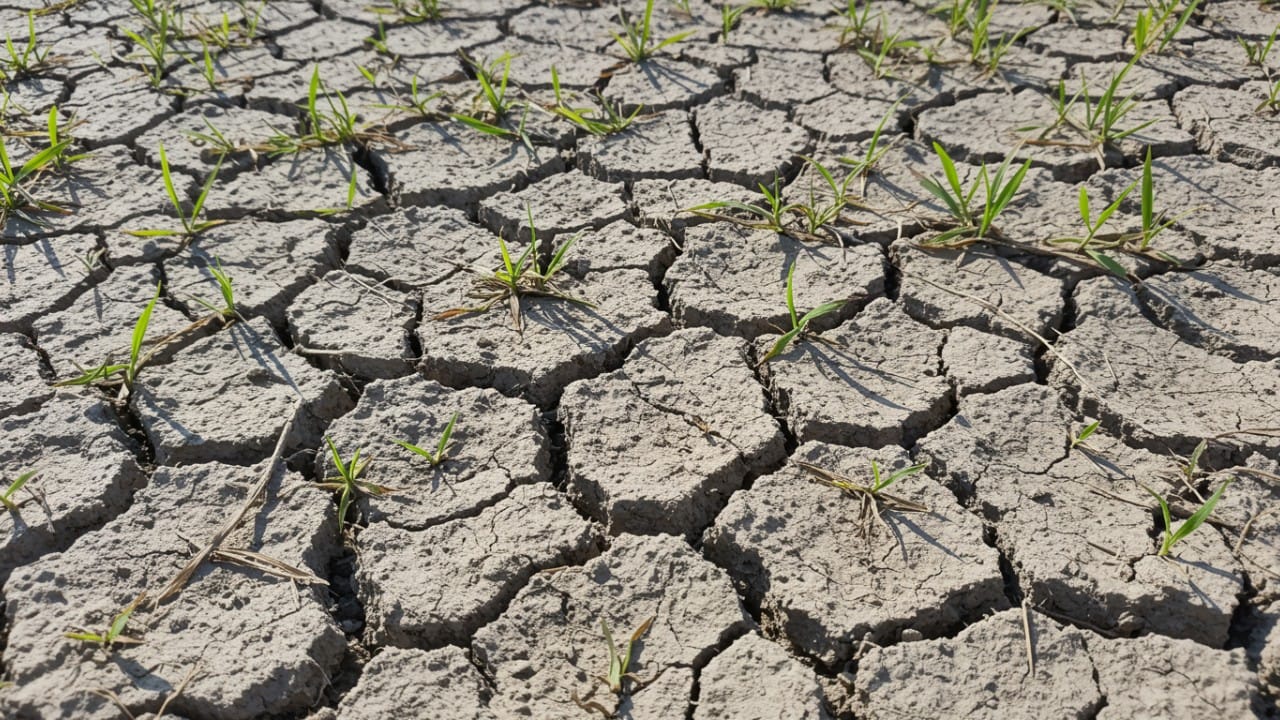 Close-up of dry, cracked, and compacted soil with sparse grass patches caused by salt buildup from synthetic fertilisers.