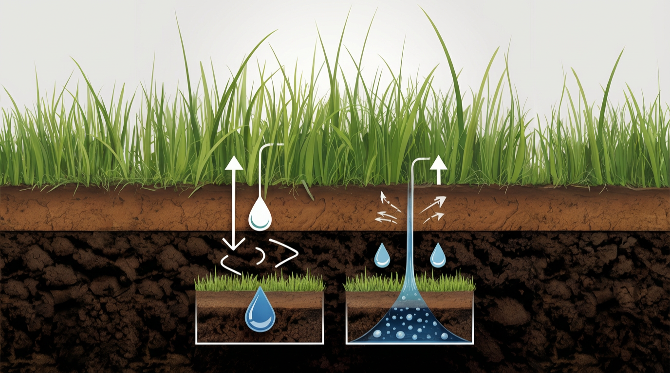 Cutaway infographic showing the thatch layer in turf and how lawn dethatching helps remove thatch so water and air reach soil.