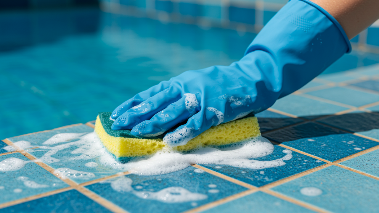A person wearing rubber gloves scrubbing the pool manually with a sponge to remove scum.