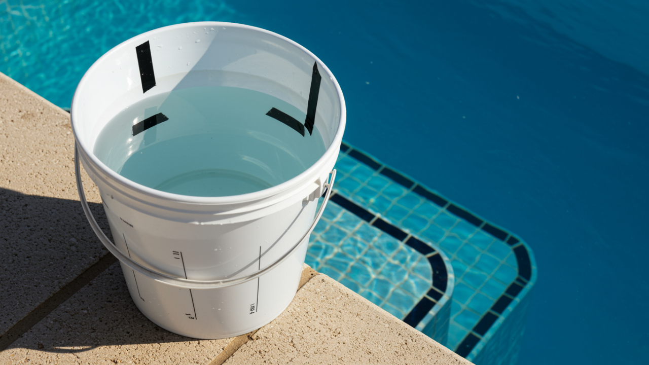 A white plastic bucket filled with water placed on the pool edge to perform a leak detection test.