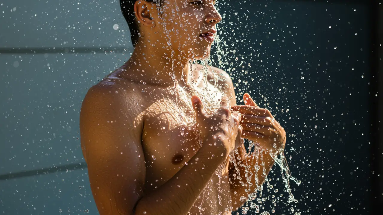 A swimmer rinsing off under a sunlit poolside shower to remove sweat and oils before entering the water.