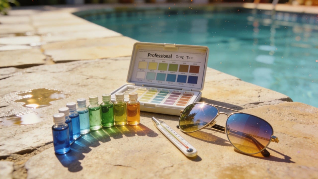 A professional liquid drop test kit used to diagnose cyanuric acid levels and free chlorine in a swimming pool.