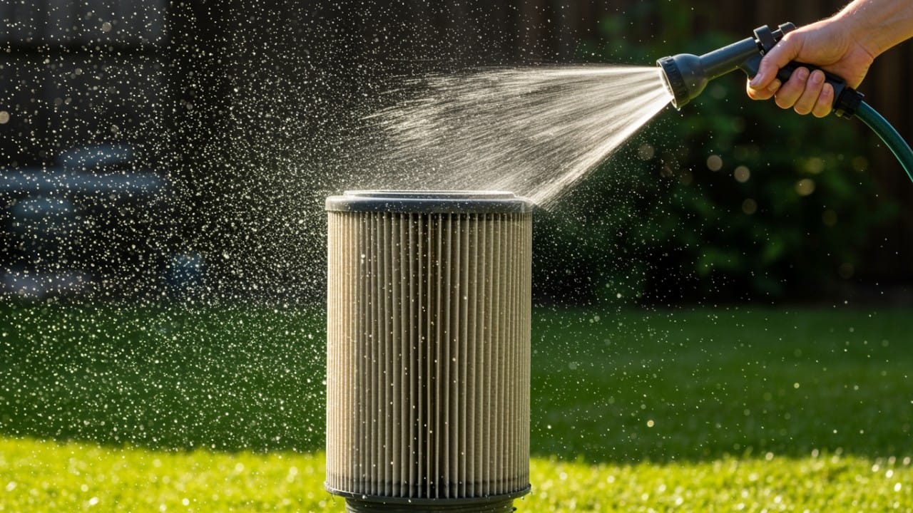 Spraying water at a 45-degree angle to rinse debris from pool filter pleats.