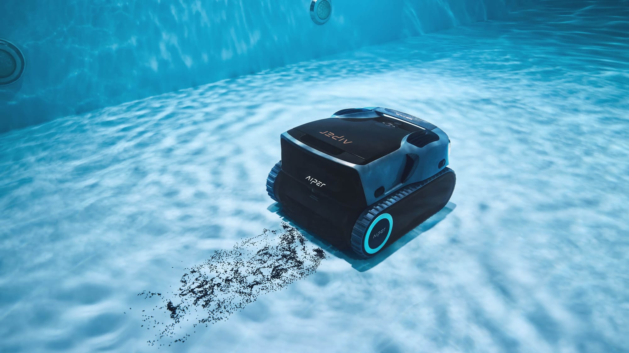 Robotic pool cleaner cleaning pool floor automatically