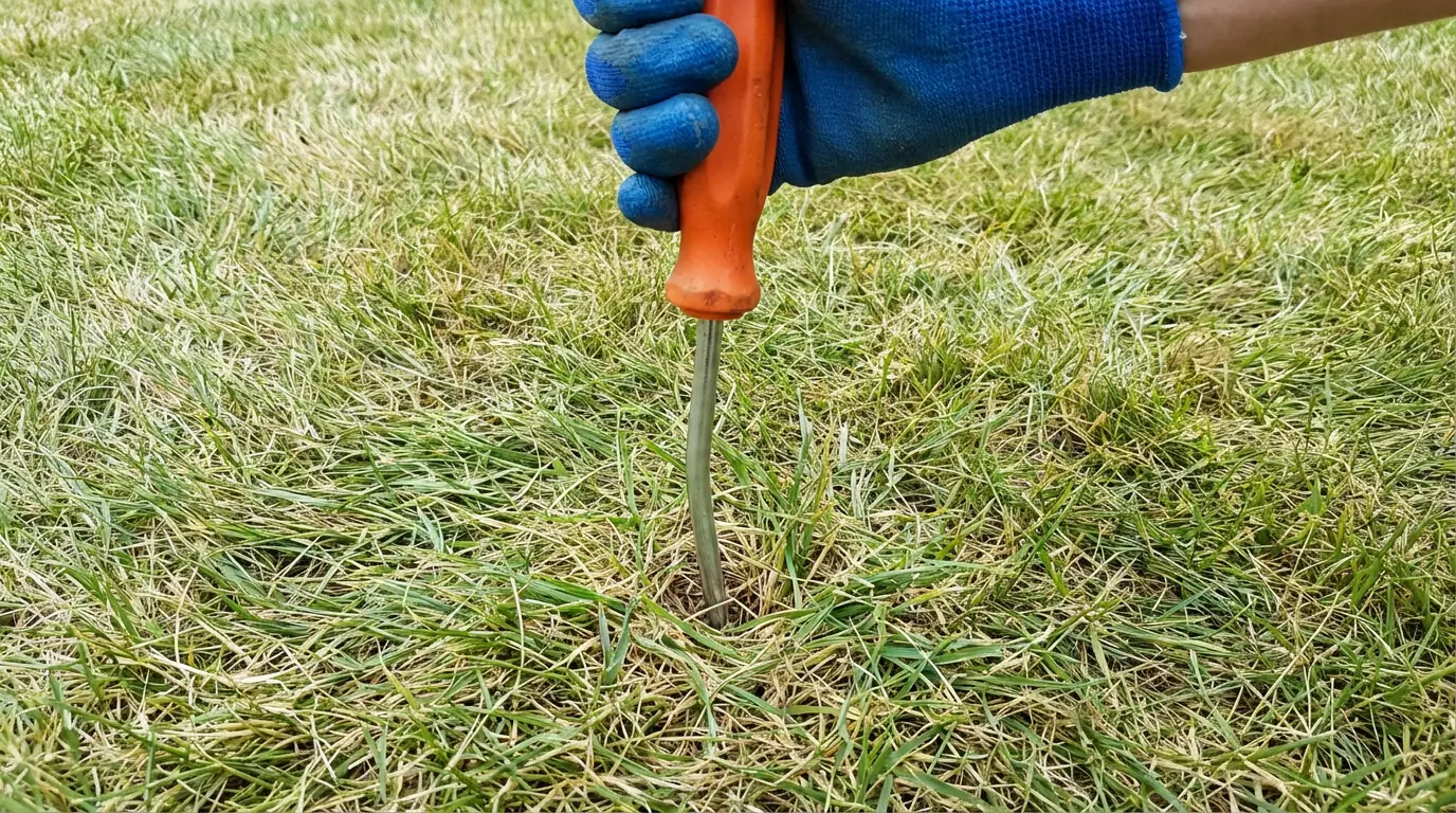 Hand pushing a screwdriver into the turf to test for soil compaction hardness.