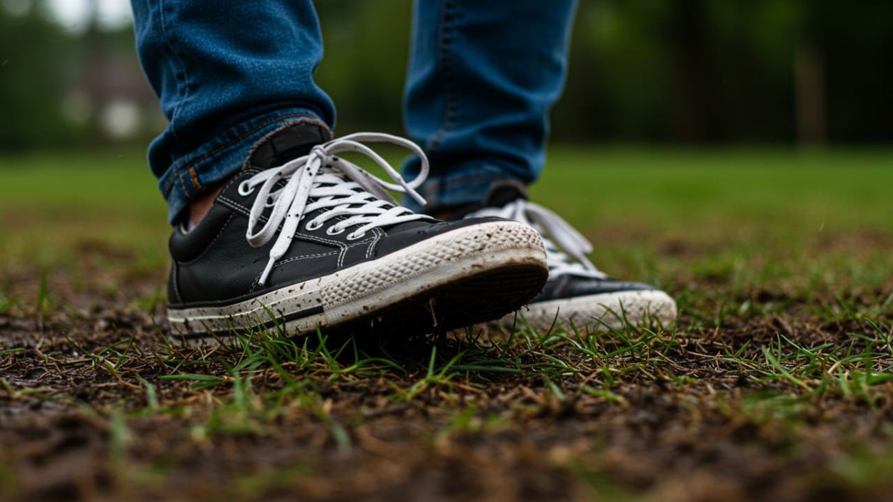 A close-up of a boot performing the squish test on wet grass to check for proper soil saturation.