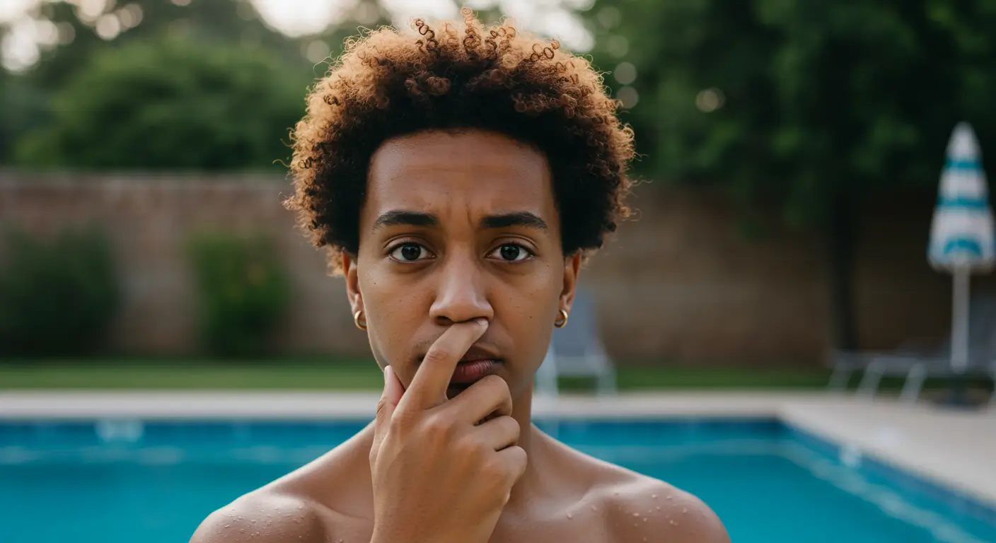 A person pinching their nose near the water to illustrate the strong chemical odor caused by chloramines, not excess chlorine.