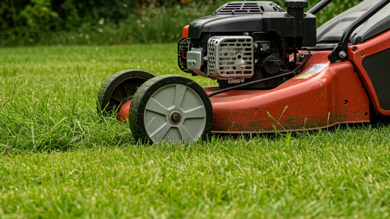 Close-up of a lawn mower lever being raised to the highest setting for summer grass care.