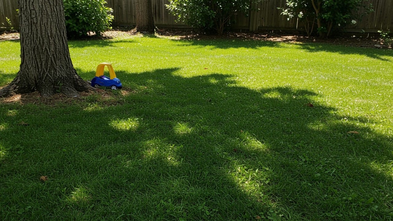 Soft leaf buffalo grass growing healthily in a shaded area of a family garden.