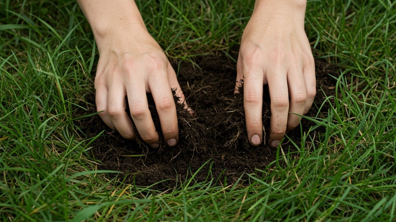 Hands parting healthy green buffalo grass to check the soil moisture levels in a sunny garden.