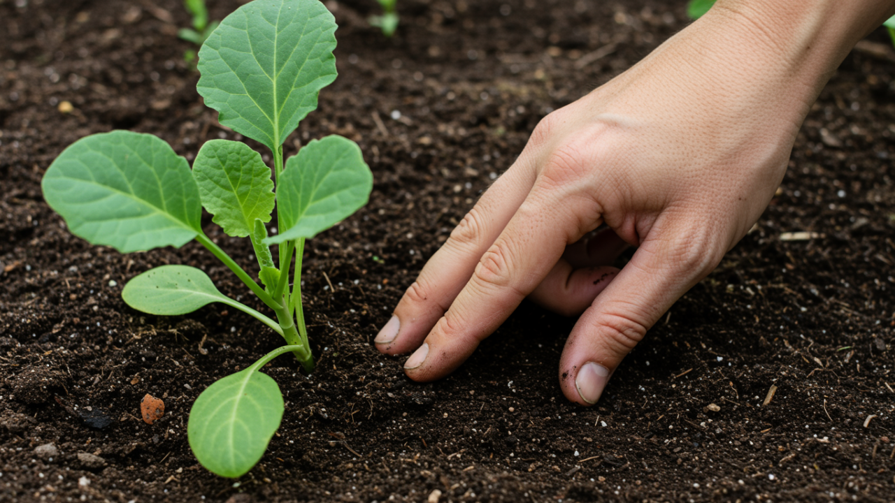 Gardener performing the finger test to check soil moisture depth before watering rose bushes.