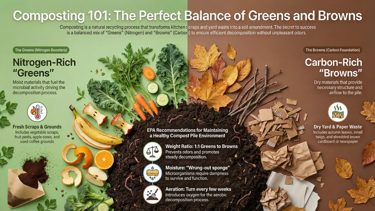 A visual guide comparing nitrogen-rich green composting materials with carbon-rich brown materials.