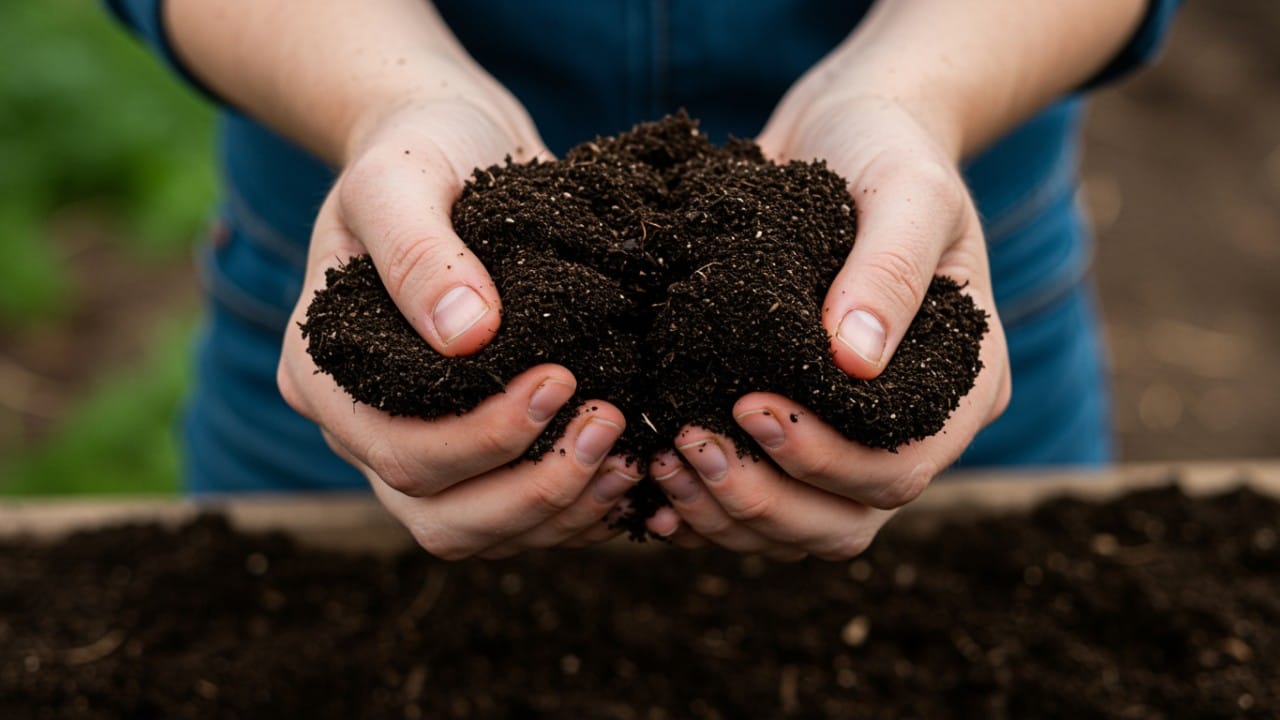 Hands checking the moisture level of home compost to ensure it feels like a damp sponge.