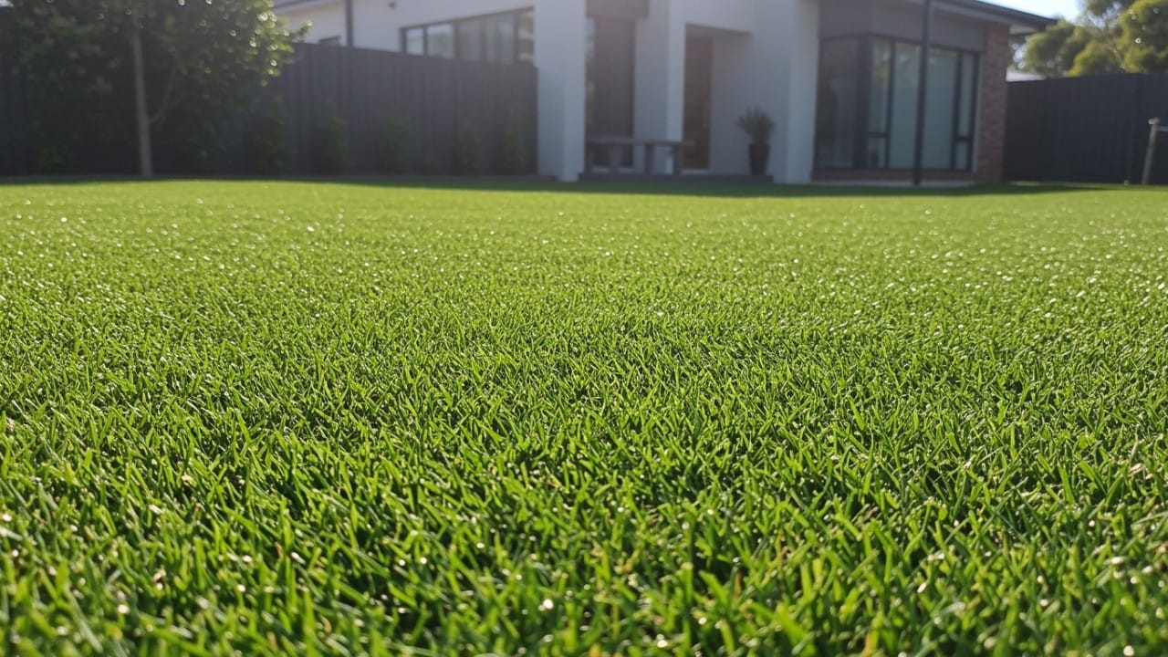 A dense and manicured couch grass lawn thriving in full direct sunlight.
