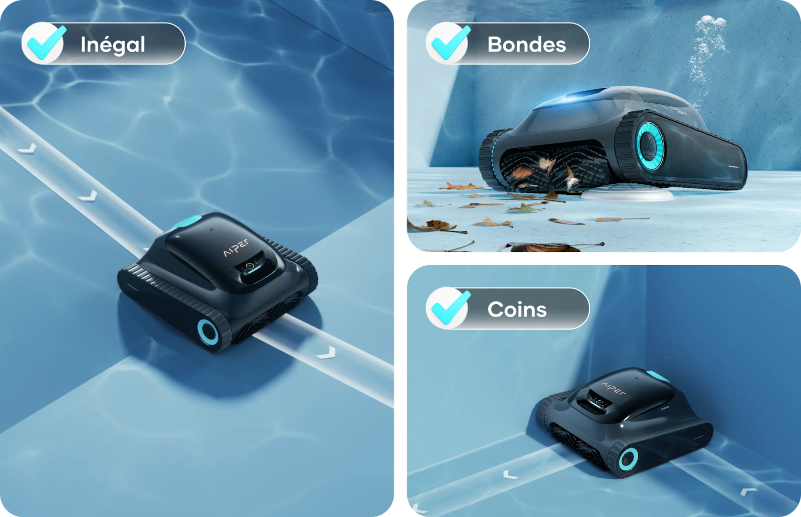 Robot piscine Aiper assurant un nettoyage complet du fond, des bandes et des coins de la piscine