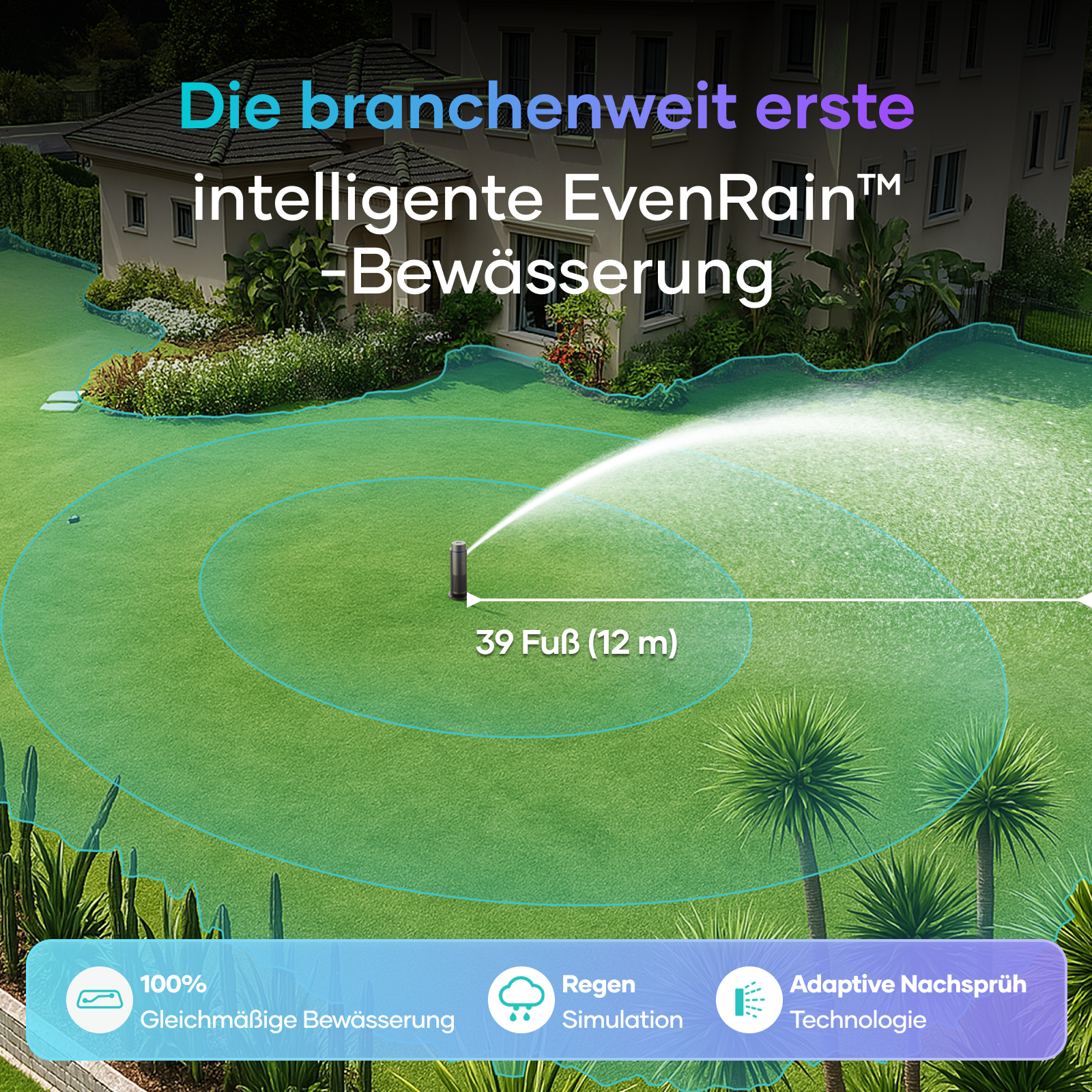 Aiper IrriSense Rasen Bewässerung Bewässerungssystem, das eine gleichmäßige Sprinklerabdeckung über einen Wohngarten zeigt