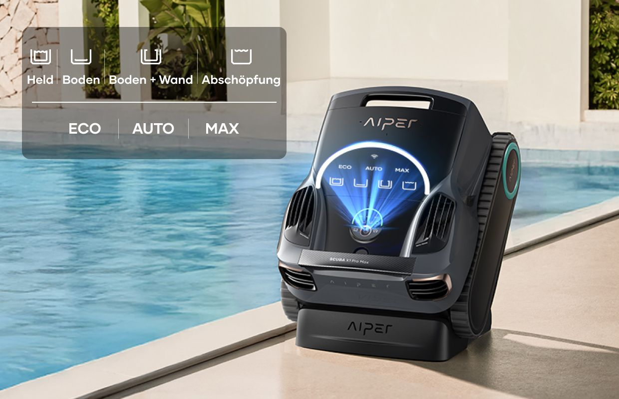 Aiper Scuba X1 Pro Max zeigt die Modi Eco, Auto und Max an