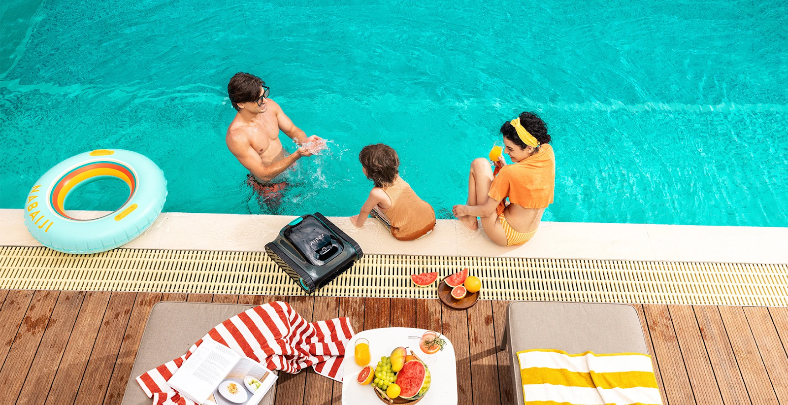 Family in pool with Aiper Scuba S1 cordless pool robot
