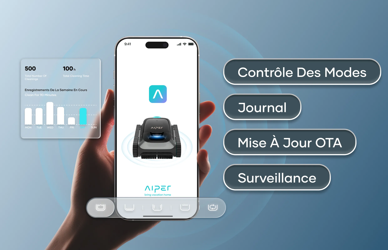 Interface mobile Aiper pour piloter un robot piscine sans fil et suivre les cycles de nettoyage