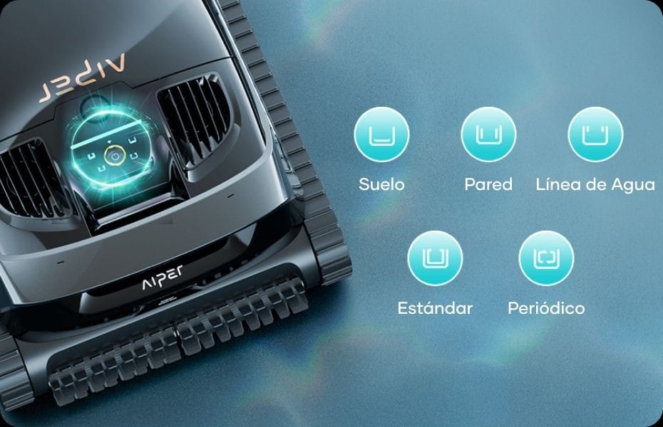 Aiper Scuba X1 robot limpiafondos piscina sin cable mostrando múltiples modos de limpieza para fondo, paredes y línea de agua