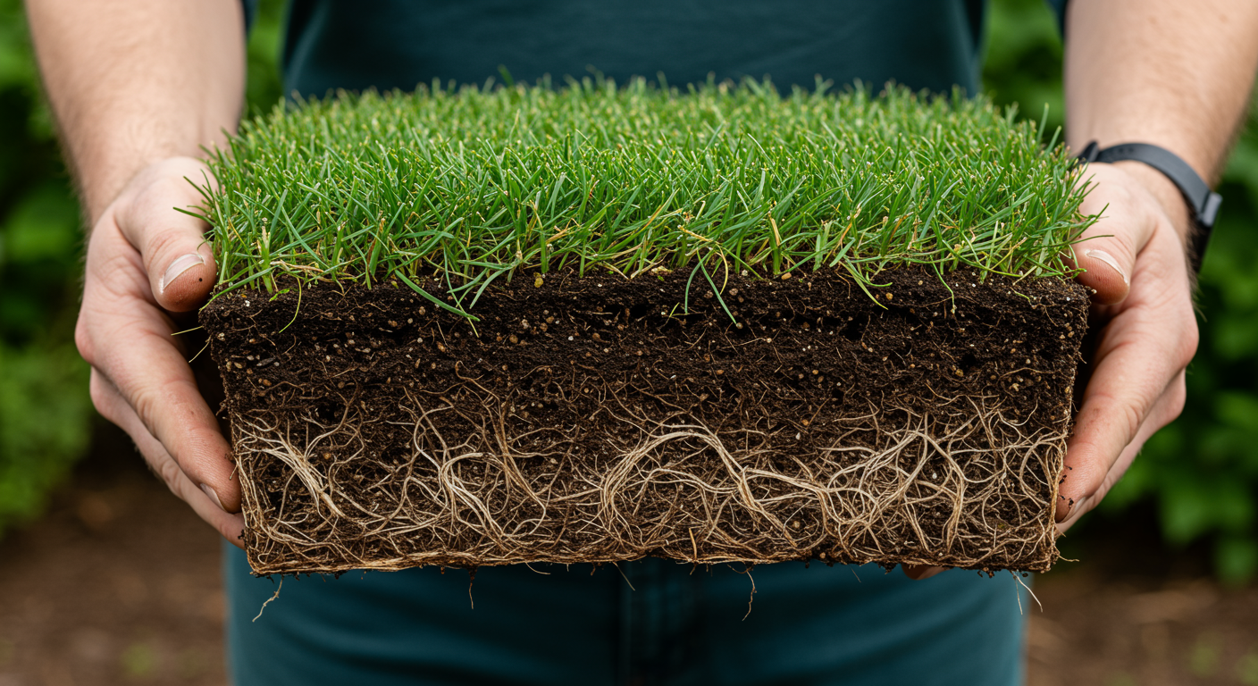 A gardener holding a piece of turf revealing long and healthy deep grass roots.