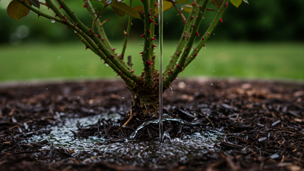 Water being applied directly to the base of a rose bush to encourage deep root growth and avoid wet leaves.