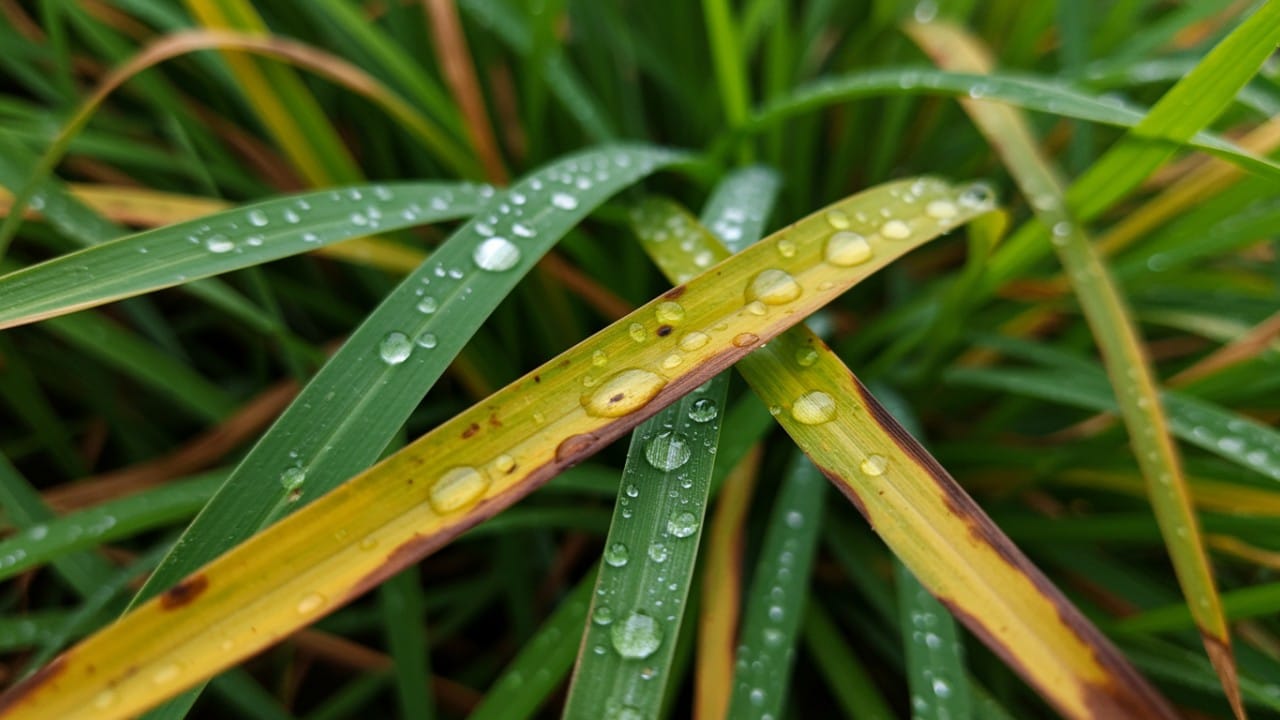 Close-up of grass blades displaying yellow and brown scorched tips typical of fertilizer burn symptoms.