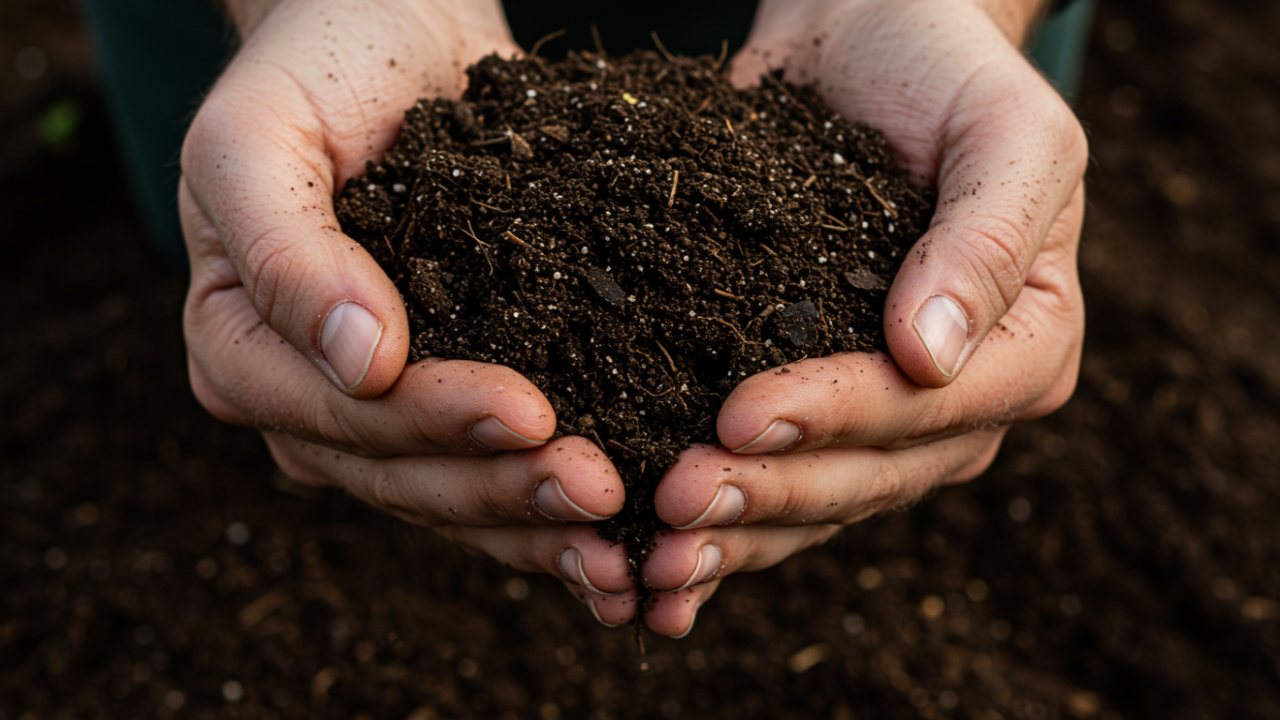 A gardener examining the texture of rich, healthy soil to check for compaction and moisture.