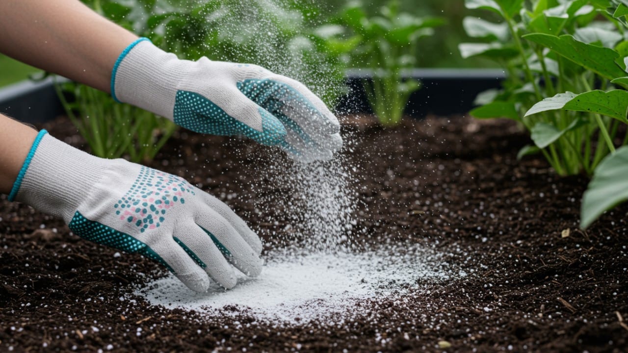 A gardener applying natural diatomaceous earth powder to repel ants outside without harsh chemicals.