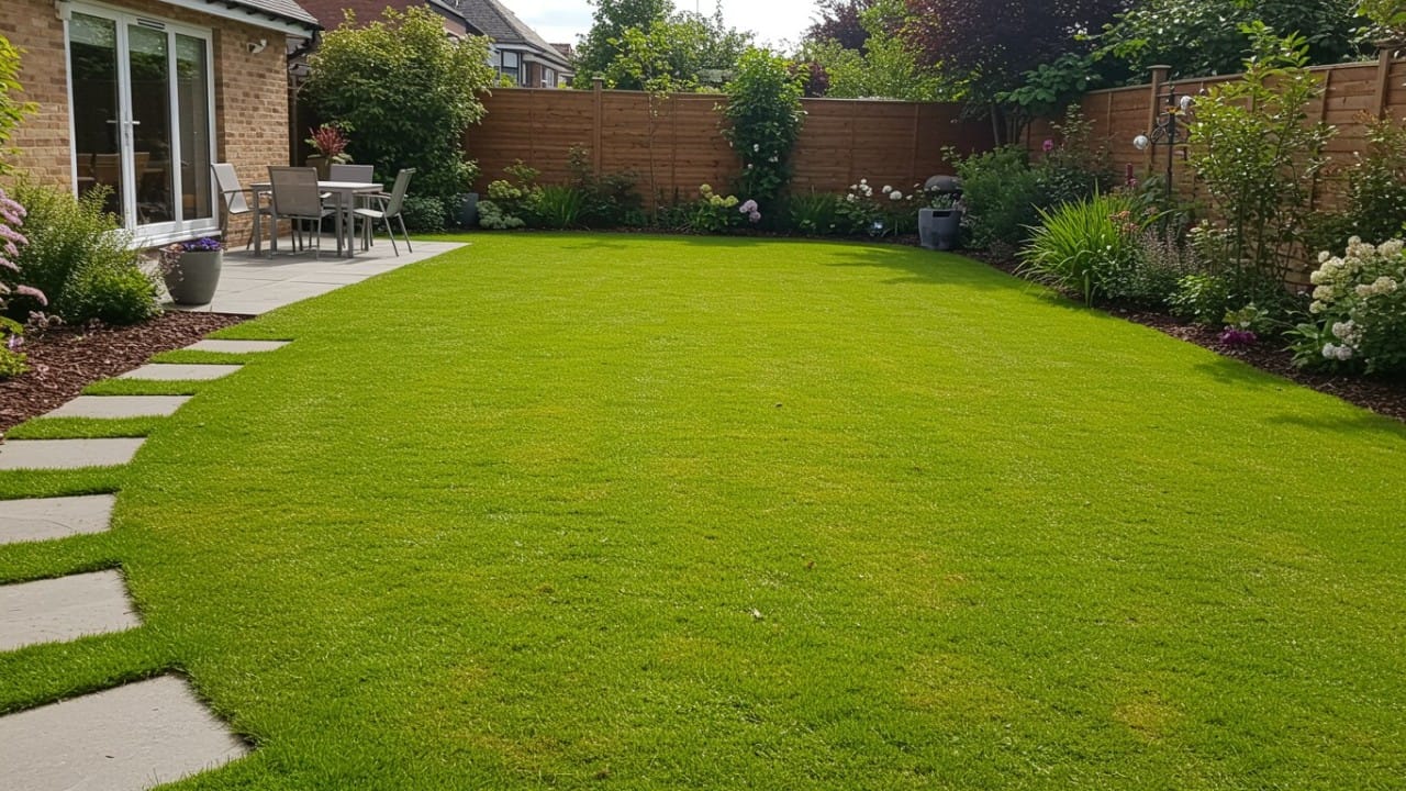 Fast-growing kikuyu grass covering a large sloping garden area effectively.
