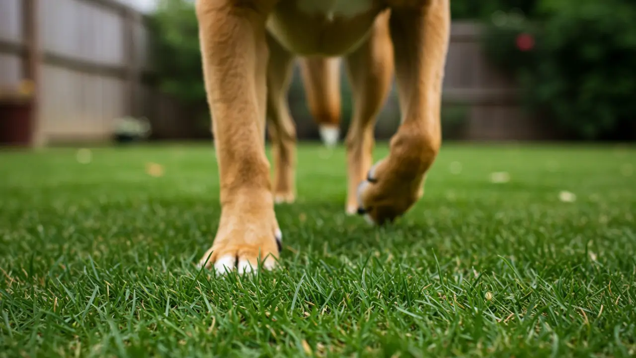Close-up of dog paws on grass, illustrating the risks of whether lawn pesticides are harmful to dogs.