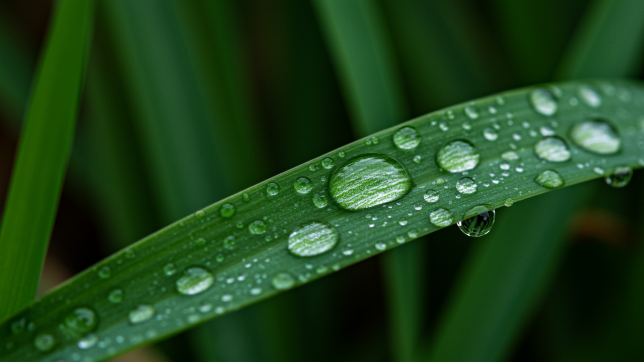 Close-up of water droplets resting on healthy green grass blades after irrigation.