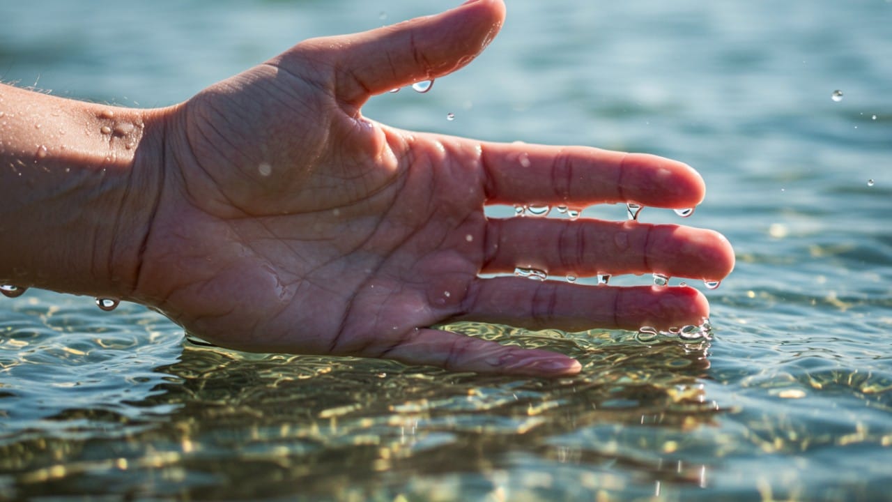 A close-up of a hand trailing through soft magnesium pool water, highlighting its clarity and gentle feel on the skin.