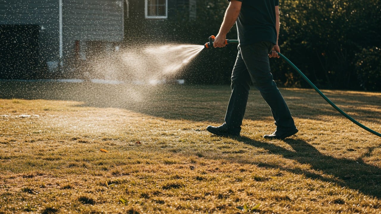 Homeowner manually moving a sprinkler causing uneven lawn watering coverage in Australia.