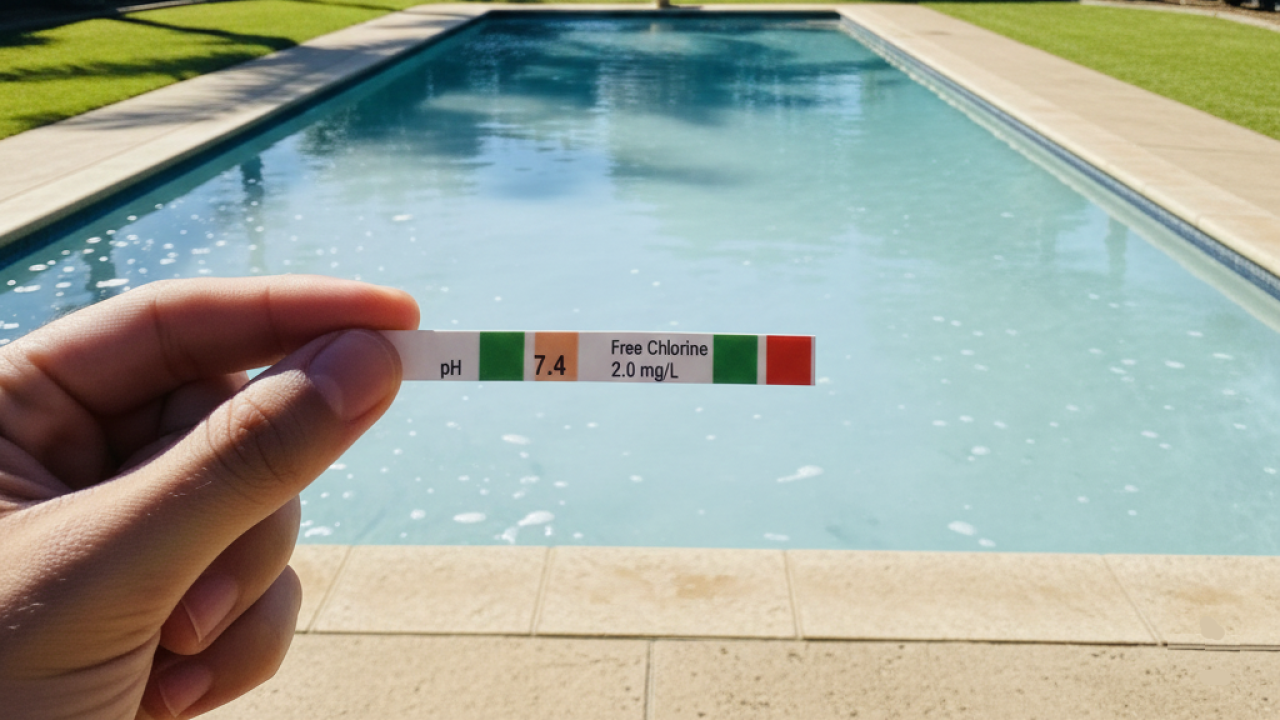 A person holding a test strip against a color chart to check pool water chemistry.