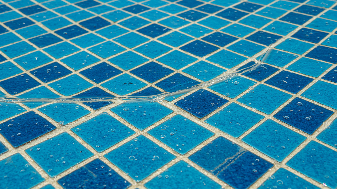 Underwater view of cloudy biofilm coating on blue pool tiles.