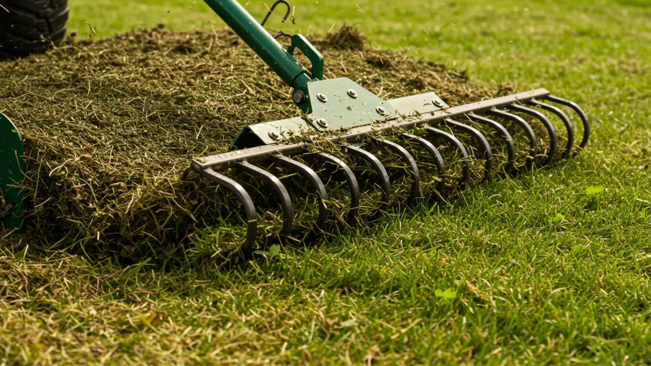 Gardener raking dead thatch and debris from the lawn.