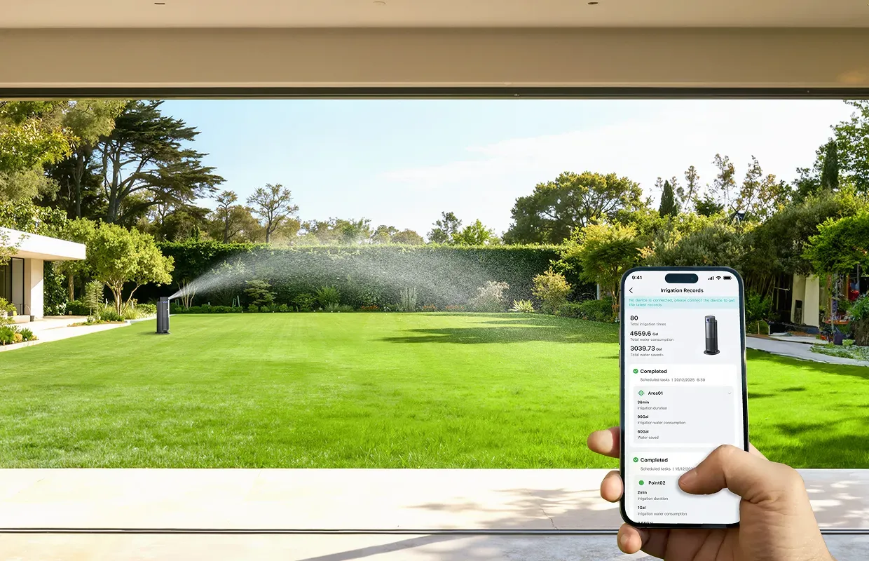 A homeowner using a smartphone app to manage an automated lawn care schedule.