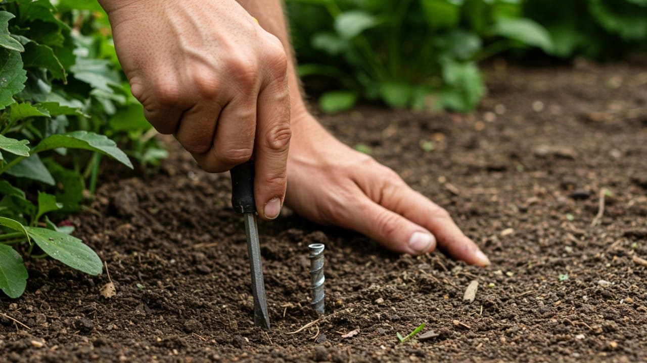 A gardener performing the screwdriver test by pushing a tool into the ground to check for soil compaction.