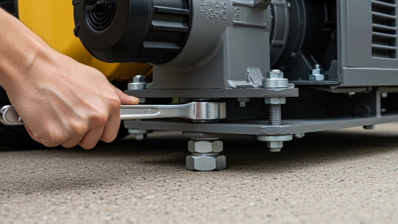 Using a wrench to tighten the base bolts of a vibrating pool pump on a concrete pad.