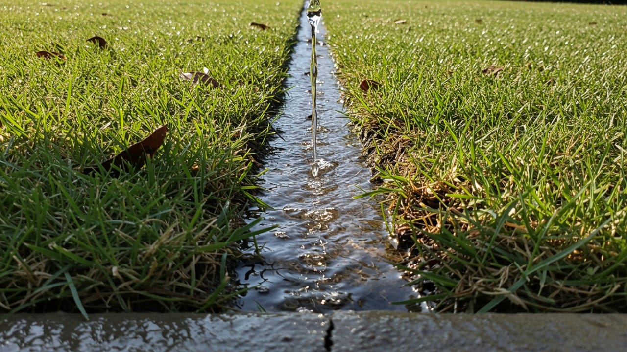 Water running off compacted soil onto a driveway, illustrating the need for cycle and soak irrigation to prevent waste.