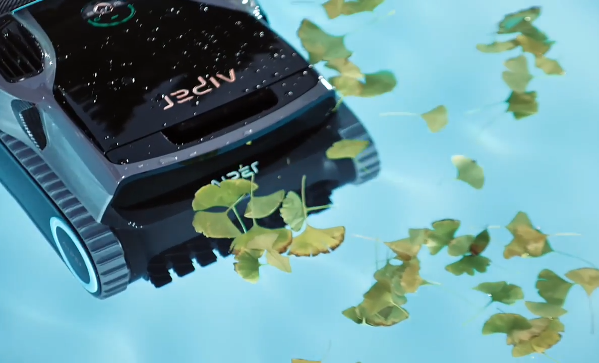 Scuba S1 Pro robotic pool cleaner scrubbing the waterline horizontally to remove tile scum and buildup.