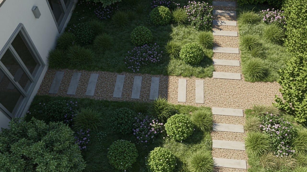 A planned xeriscape landscaping layout showing plants grouped by their water needs to maximize efficiency.